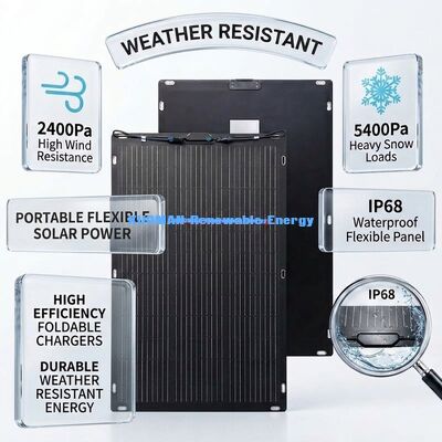 Tấm pin năng lượng mặt trời linh hoạt, có thể uốn cong 360 độ, IP67, 200W cho RV và du lịch tại nhà, Tấm pin năng lượng mặt trời hai mặt