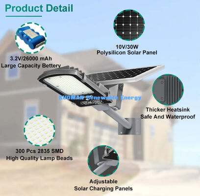 IP65 chống nước 300W-500W Phân ánh sáng đường phố mặt trời với pin LiFePO4 và tấm pin mặt trời