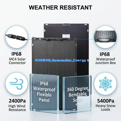 Tấm pin năng lượng mặt trời linh hoạt 50W Monocrystalline với lớp keo dán dễ bóc và dán phía sau cho các chuyến phiêu lưu ngoài trời