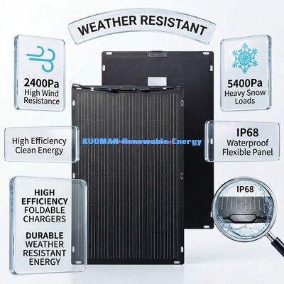 Tấm pin năng lượng mặt trời linh hoạt, có thể uốn cong 360 độ, IP67, 200W cho RV và du lịch tại nhà, Tấm pin năng lượng mặt trời hai mặt