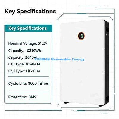 Smart BMS được bảo vệ 10,24kWh Powerwall 48V 200Ah LiFePO4 pin Off-Grid House Năng lượng dự phòng mặt trời