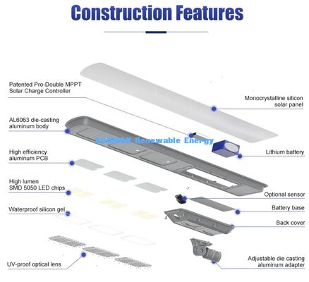 50W 220lm/W High Efficiency Solar Street Light IP65 Waterproof Integrated Solar Lamp