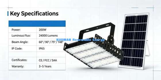 Đèn LED năng lượng mặt trời 200W tiết kiệm năng lượng 120lm/W Độ sáng cao Đèn pha năng lượng mặt trời cho công viên và sân vận động