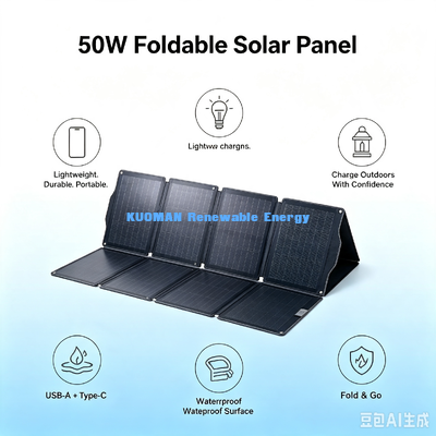 50W tấm pin năng lượng mặt trời gập xách, sạc nhiều thiết bị cho cắm trại và câu cá